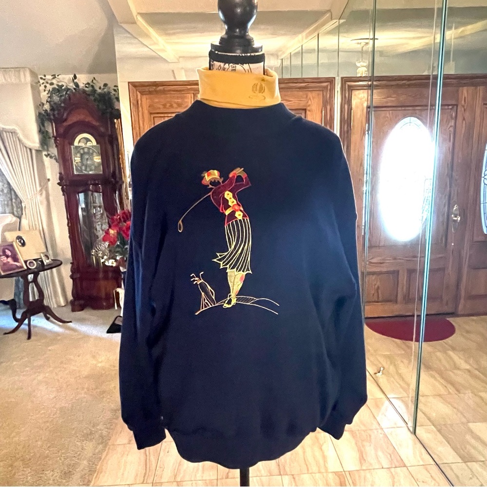 One Up Golf  Vintage Wool Navy Golf Sweater with Gold Turtleneck Women Small - Picture 2 of 13